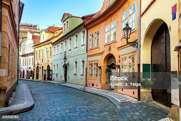Old Street In Prague At The Morning Downtown Stock Photo - Download Image Now - Europe, European Culture, Prague