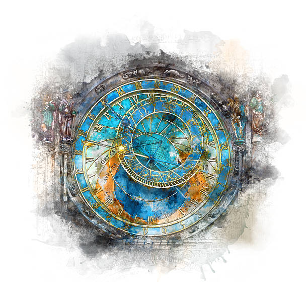 zegar praski (orloj) - sztuka akwarelowa - astronomical clock zdjęcia i obrazy z banku zdjęć