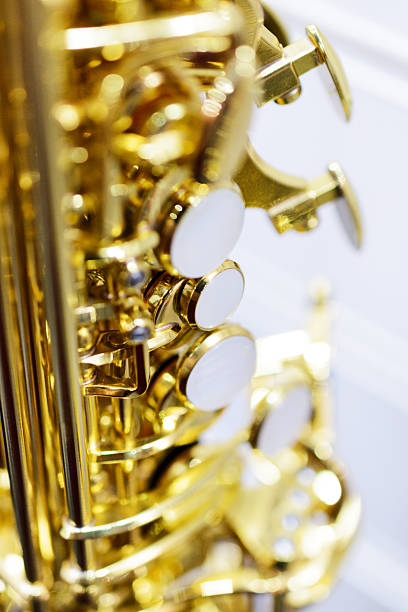 istock Shiny golden alto saxophone 610761634