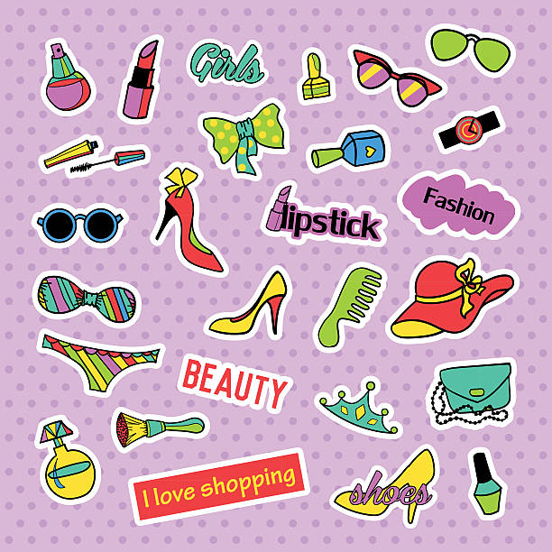 illustrazioni stock, clip art, cartoni animati e icone di tendenza di badge patch. pop art fashion set. adesivi, spille, patch e - girl sunglasses 80s