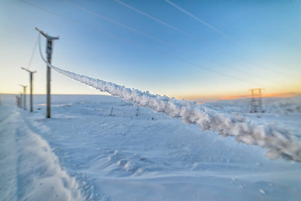 Electric mast lighting wire, covered with a thick layer of frost.