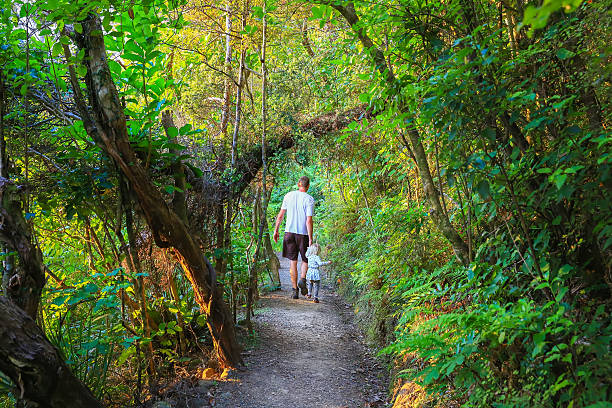 istock Father with little daughter on hiking path, Mount Manaia. 610764446