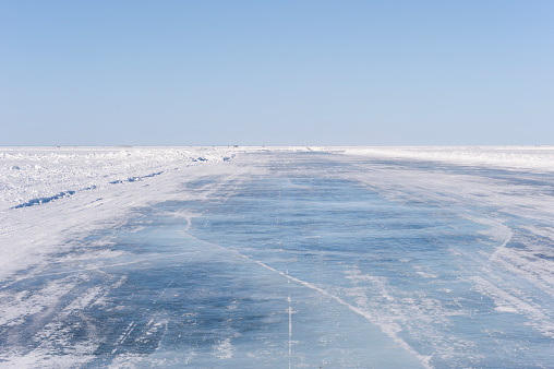 Plowed ice lake road in Minnesota. 