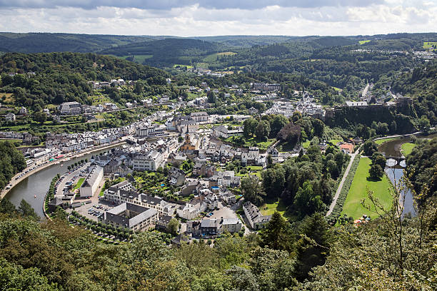 Aerial view Bouillon along river Semois in Belgian Ardennes Aerial view Bouillon along river Semois with medieval castle in Belgian Ardennes ardennes department france stock pictures, royalty-free photos & images