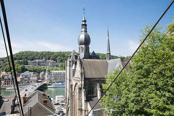 Aerial view Belgian Dinant seen from cable car to top of citadel
