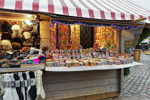 One of the most traditional sweet treats stall which are gingerbreads pictured at the Christmas Market in Riga, Latvia. They can be found in different sizes and icing