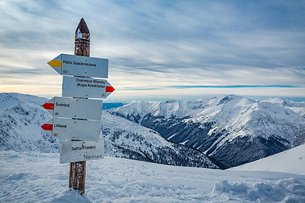 istock Signpost on a mountain trail in the winter, Tatra Mountains 610771472