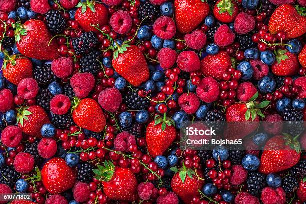 スタジオでの森のフルーツベリーのオーバーヘッドアソートミックス - 果物のストックフォトや画像を多数ご用意 - 果物, 果実, 赤