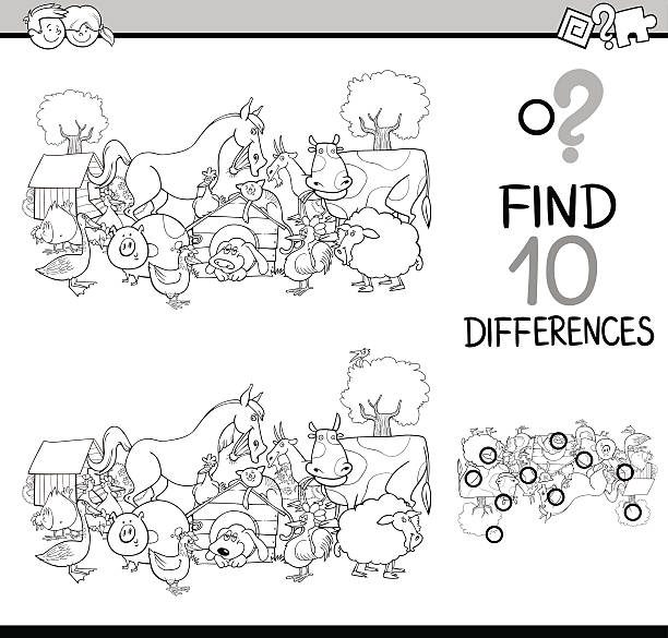 differences activity coloring book Black and White Cartoon Illustration of Finding Differences Educational Activity Task for Kids with Farm Animal Characters Coloring Book farm cartoon animal child stock illustrations
