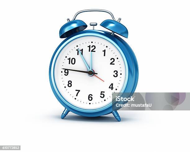 Alarm Clock Blue Isolated Background Stock Photo - Download Image Now - Alarm Clock, Clock, Blue