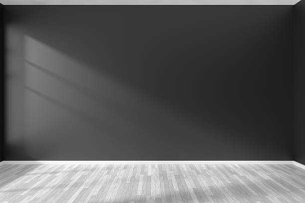 istock Empty room with black wall and white parquet floor 610772960