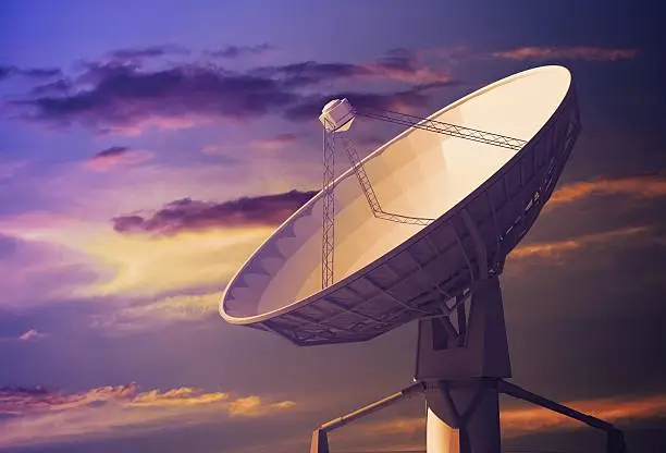 Radiotelescope Antenna at Sunset Concept 3D Illustration.