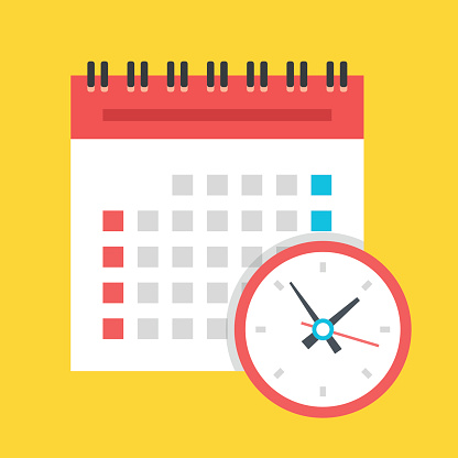 Vector calendar and clock icon. US version. Isolated on yellow background. Flat design illustration