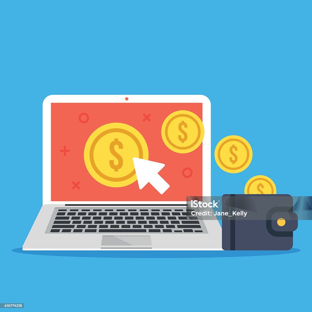 Pay per click, make money online. Flat design vector illustration Pay per click, make money online concepts. Laptop, mouse cursor, gold coins and wallet. Modern flat design graphic elements isolated on blue background. Creative vector illustration Currency stock vector