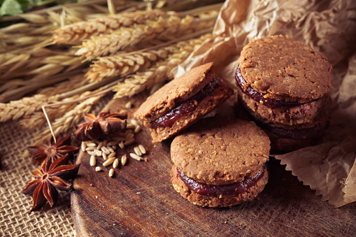 Close up, macro shot of oat rice wheat chocolate jam coockies, biscuits