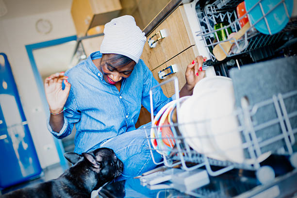 Young African woman using dishwasher in domestic kitchen Young African woman using dishwasher in domestic kitchen dog dishwasher stock pictures, royalty-free photos & images