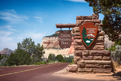 Zion, United States - June 28, 2015:  The entrance sign to Zion National Park, Utah.