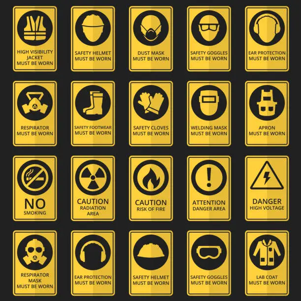 Vector illustration of Health and safety signs. Equipment must be worn