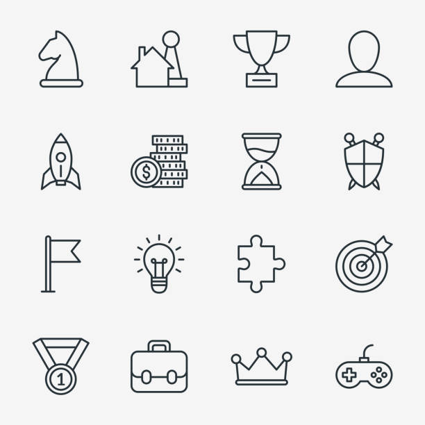 Business fun game or gamification icons Business fun game or business gamification icons. Gamification and linear elements for gamification game. Vector illustration designer beat stock illustrations