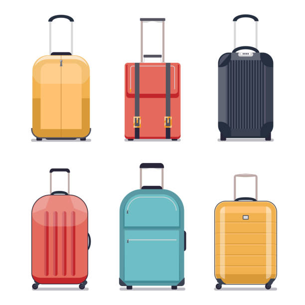 illustrazioni stock, clip art, cartoni animati e icone di tendenza di illustrazione vettoriale delle icone dei bagagli da viaggio o delle valigie - valigia a rotelle