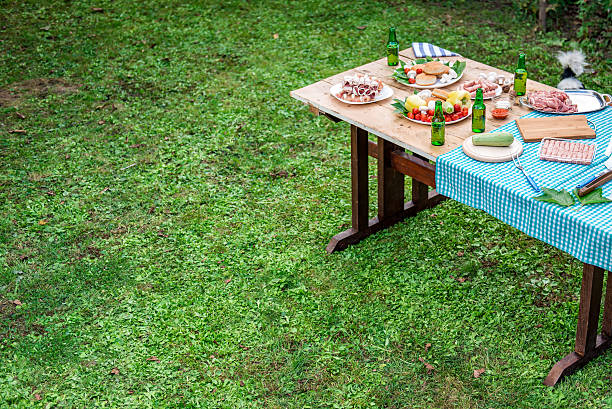 table en bois sur une pelouse avec de la nourriture et des boissons - feast day abundance vegetable food photos et images de collection