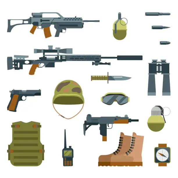 Vector illustration of Military armor and weapon guns icons flat set