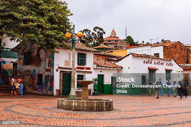 Bogota Colombia Tourists On Plaza Chorro De Quevedo Stock Photo - Download Image Now
