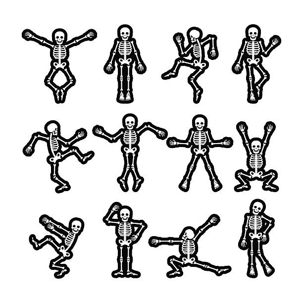 Crazy dancing skeletons stickers set Crazy dancing skeletons stickers black and white vector set female rib cage stock illustrations