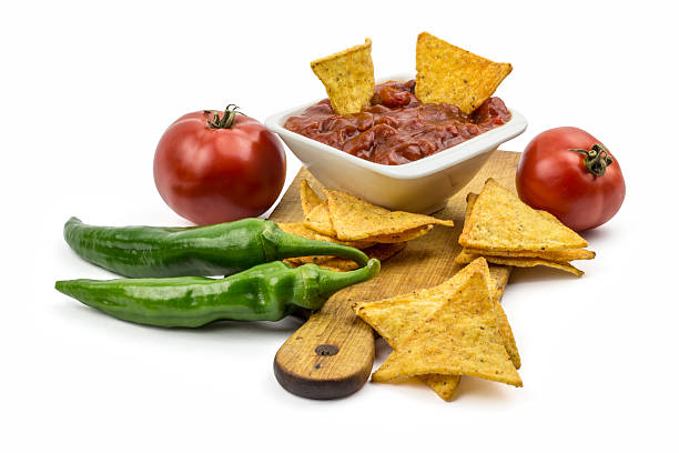 istock Tortilla chips and dip isolated on white 610782246
