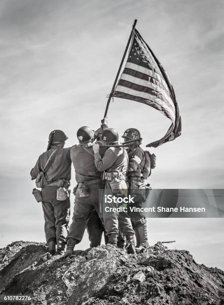 Soldiers Raising The Us Flag Stock Photo - Download Image Now - World War II, US Veteran's Day, USA