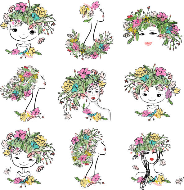 花柄の髪型の女性の肖像画、あなたのデザインのためのコレクション - flower abstract single flower backgrounds点のイラスト素材／クリップアート素材／マンガ素材／アイコン素材