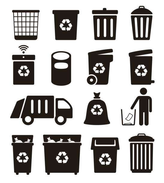 ilustraciones, imágenes clip art, dibujos animados e iconos de stock de iconos de basura, basura y lata de reciclaje, ilustración vectorial - garbage dump