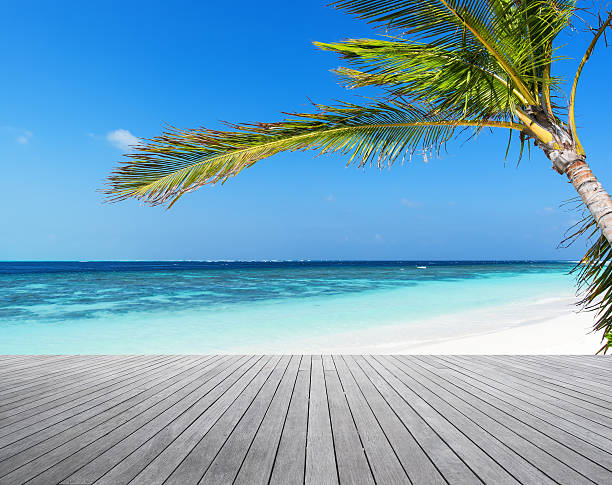 istock Wooden platform and tropical beach background 610790428