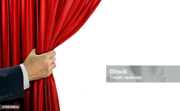 Hand Opening Stage Red Curtain Over White Stock Photo - Download Image Now - Curtain, Stage Theater, Behind