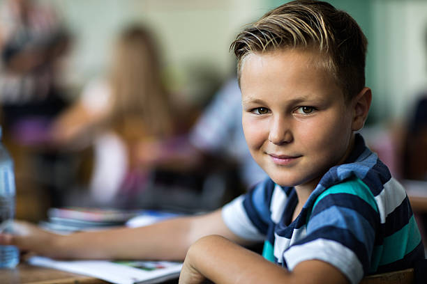 istock Smiling schoolboy in the classroom looking at the camera. 610838890