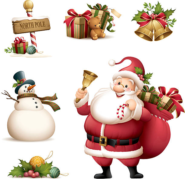illustrazioni stock, clip art, cartoni animati e icone di tendenza di babbo natale con set di icone natalizie - santa claus