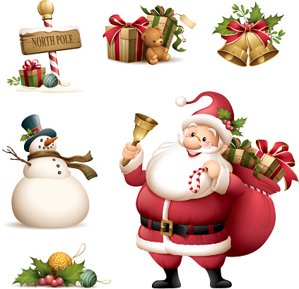 cartoon illustration of santa claus with christmas icons