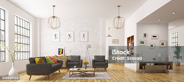 Modern Interior Of Living Room 3d Rendering Stock Photo - Download Image Now - Living Room, Panoramic, Domestic Room