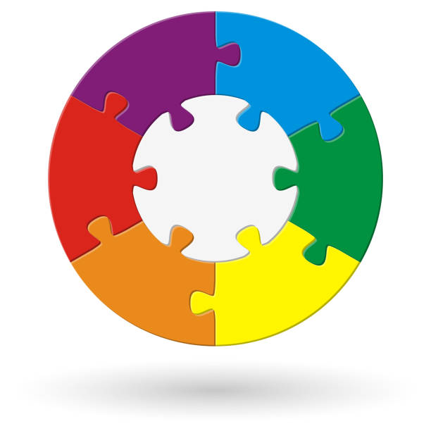 round puzzle with options round puzzle with base and six options in different colors circle puzzle stock illustrations