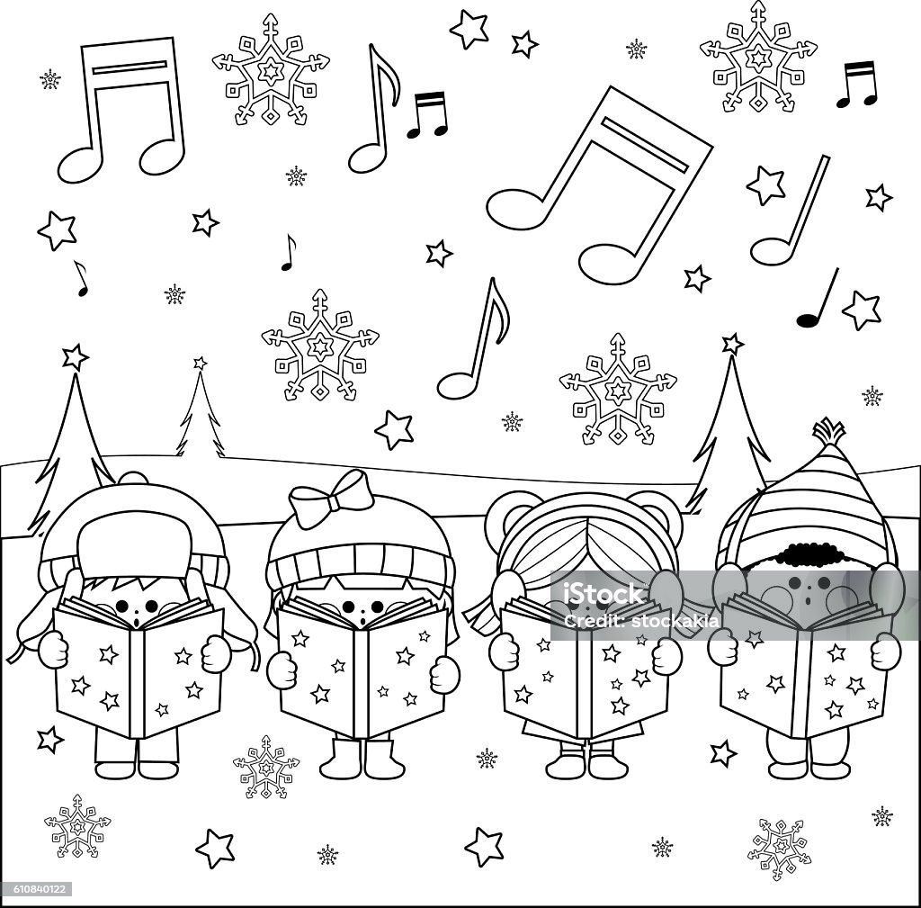 Group of children singing Christmas carols Boys and girls singing Christmas carols at Christmas Eve night outside in the snow. Black and white coloring page illustration Christmas stock vector