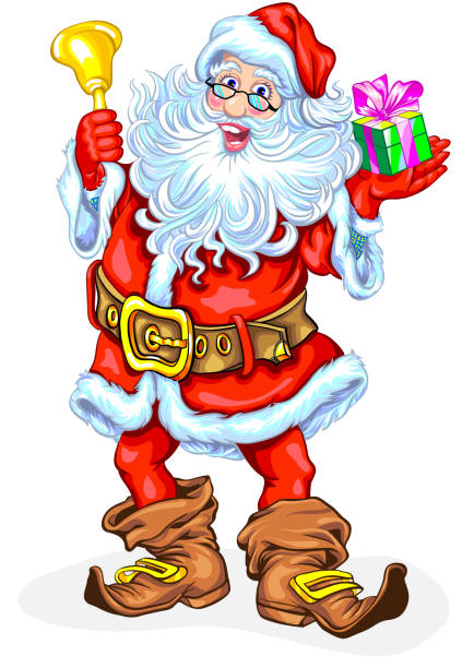 Santa Claus with bell and a gift in box Santa Claus with bell and a gift in box lieke klaus stock illustrations