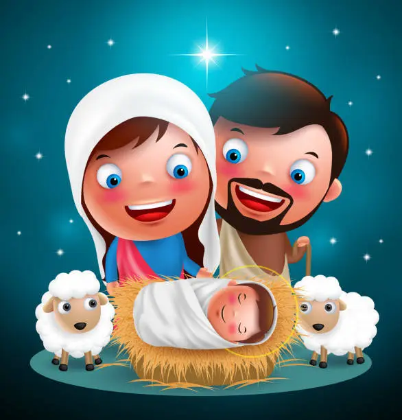 Vector illustration of Holy night jesus born in manger vector characters for christmas