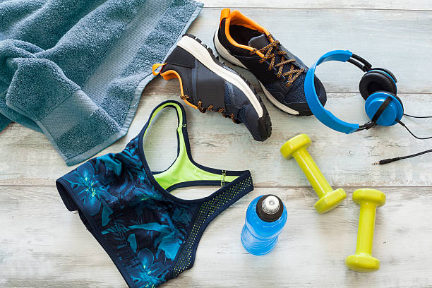 istock Sports goods on wooden background 610841942