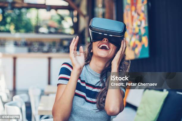 Entertainment Of The Future Stock Photo - Download Image Now - Virtual Reality Simulator, Virtual Reality, Women