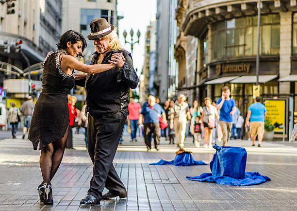 Buenos Aires, Argentina – July 11, 2016: Unidentified tango dancers Buenos Aires, Argentina – July 11, 2016 Two unidentified tango dancers, woman and man, dancing tango at Florida street in the center of Buenos Aires in summer on a sunny day  tango dance stock pictures, royalty-free photos & images