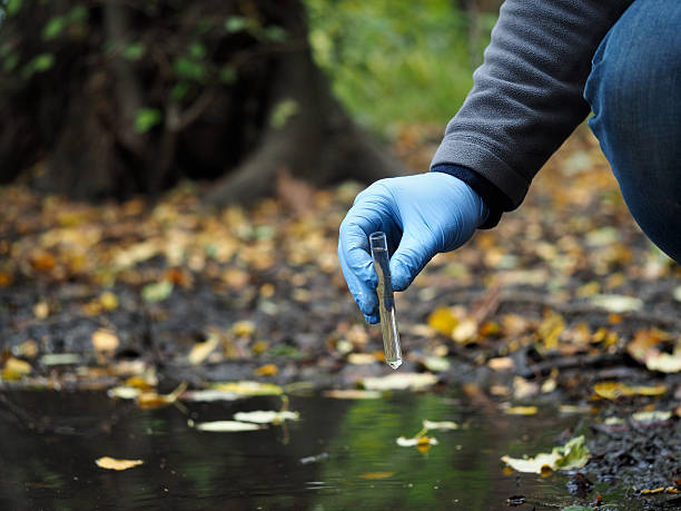 Water sample Water sample. Hand in glove collects water from a puddle in a test tube. Analysis of water purity, environment, ecology - concept. Water testing for infections, harmful emissions demobilization photos stock pictures, royalty-free photos & images