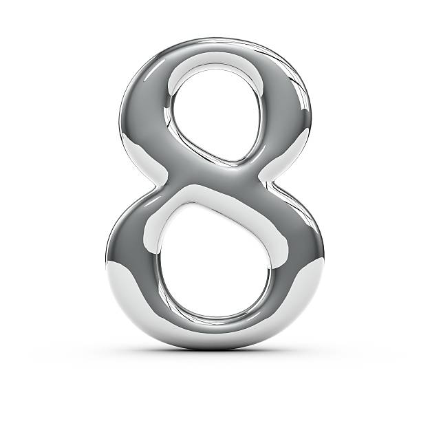 Silver chrome number 8 3D render of a silver chrome number 8 on a plain white background silver chrome number 8 stock pictures, royalty-free photos & images
