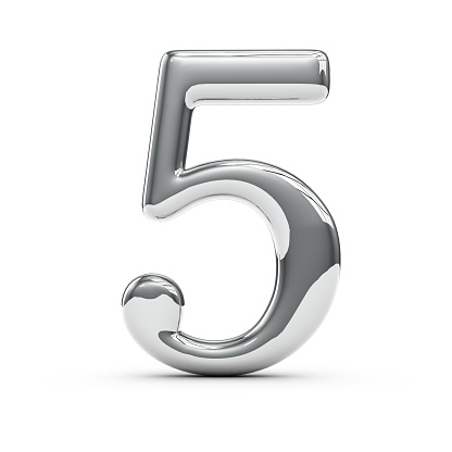 3D render of a silver chrome number 5 on a plain white background