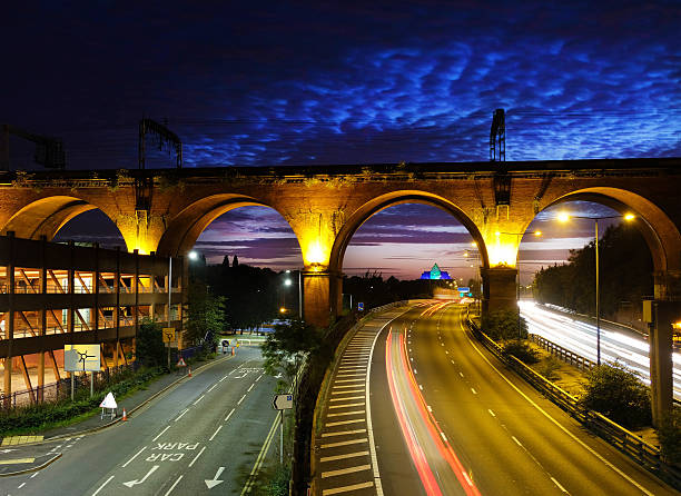 Manchester and Stockport at Dusk stock photo
