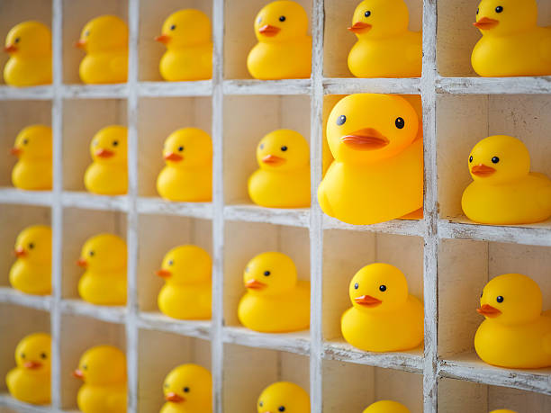 istock Small rubber ducks in pigeon holes, one extra large duck. 610849808